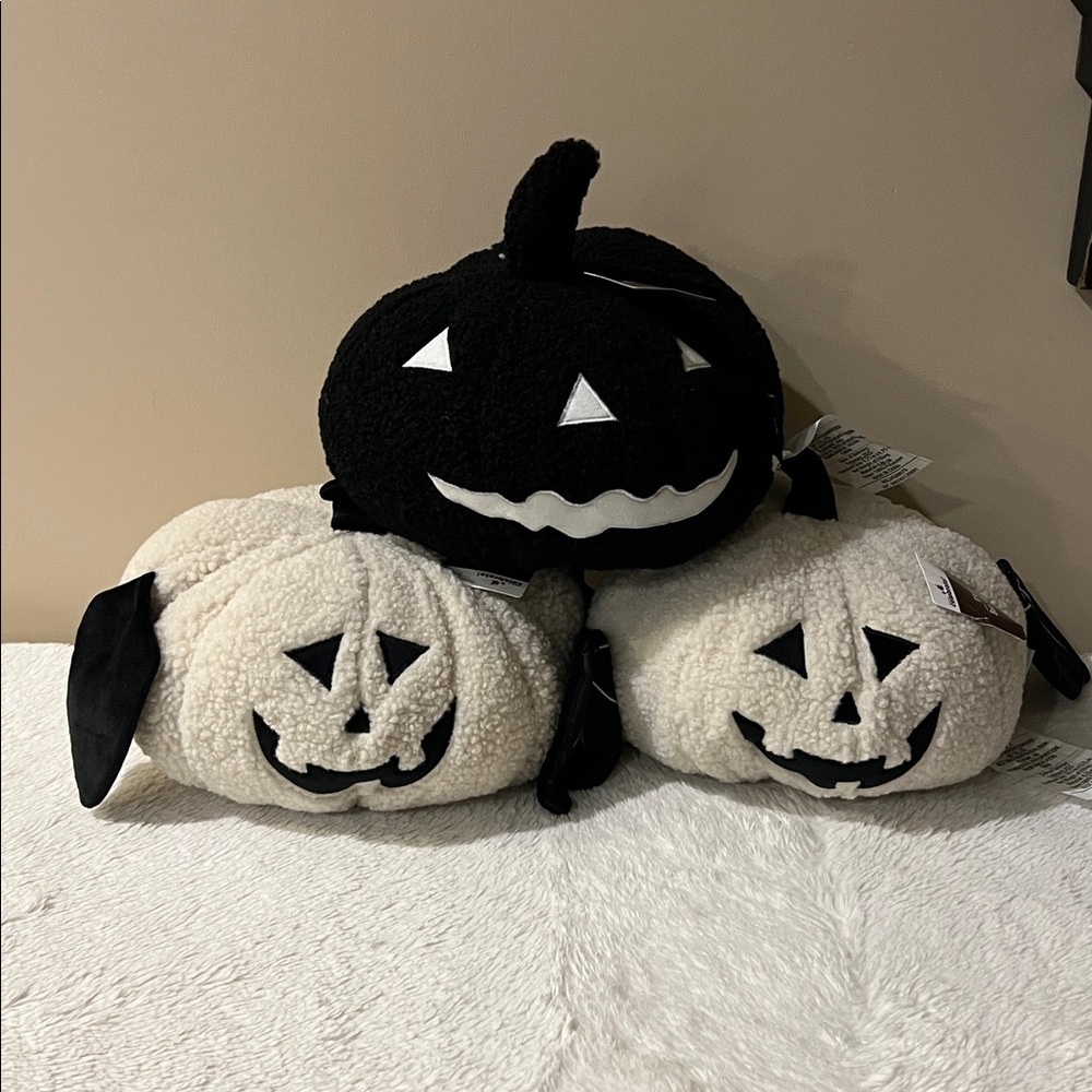 3 Halloween Fall White Black Sherpa Plush Pumpkin Bat Pillow